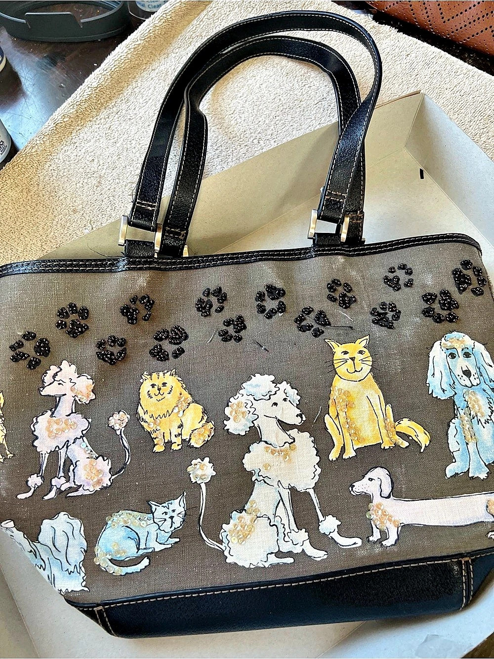Vintage Y2K Liz Claiborne Dog Cat Beaded Sequin Tote